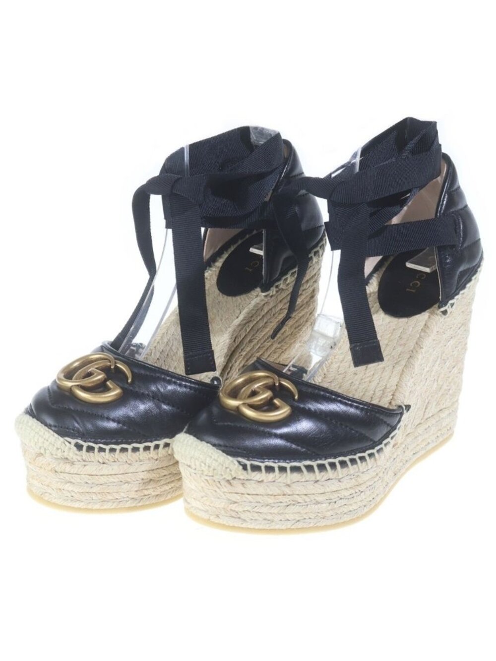 Gucci GG Marmont Leather Espadrille Wedge Sole Sandals Pumps Shoes Black